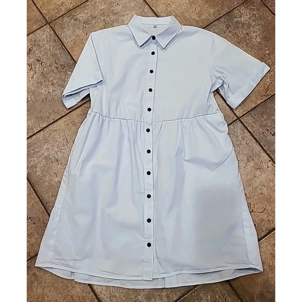 Women's Casual Shirt Dress Ruched Short Sleeve Button Down Work Mini Dress Sz M